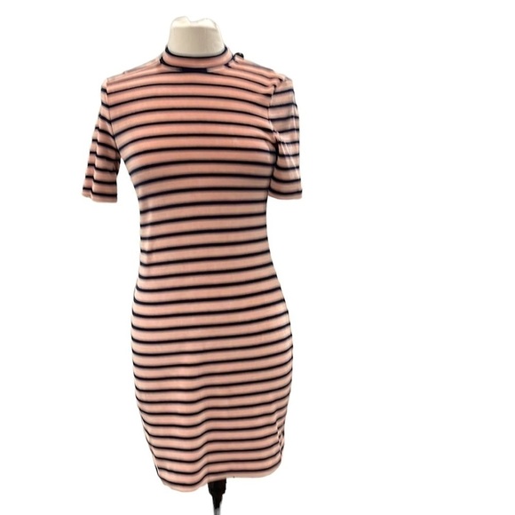 T Alexander Wang Velour Stripe Short Sleeve Stretch Dress SZ S Peach Navy - Picture 3 of 7